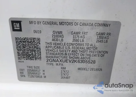 2019 Chevrolet Equinox Lt из США, поврежденный, VIN 2GNAXUEV2K6305528